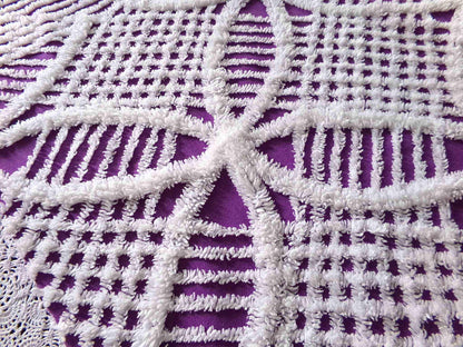 Vintage Chenille Fabric, 21" x 20" inch Piece, Snow White Geometric Design on Grape Purple
