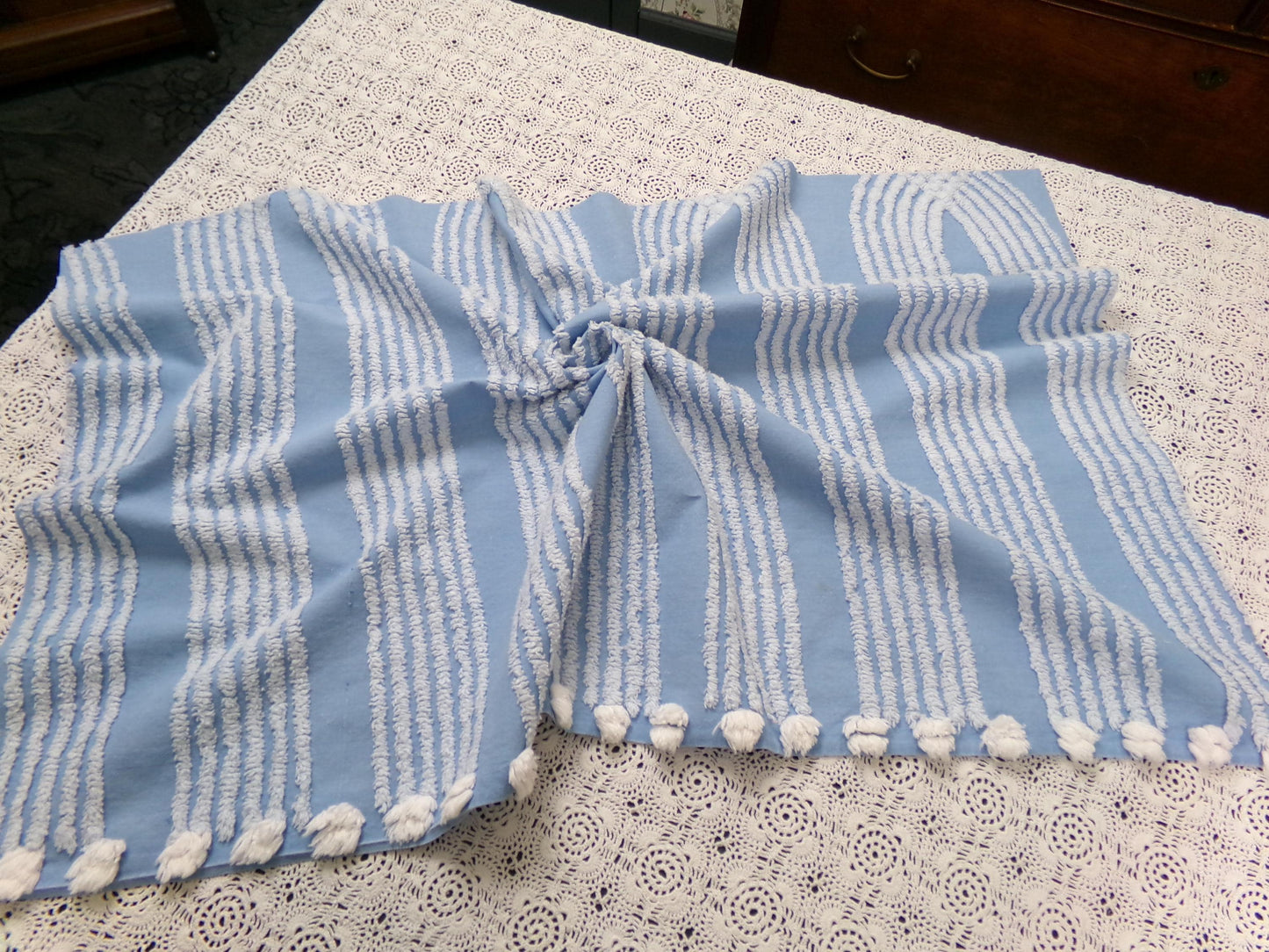 Shabby Sky Blue Vintage Chenille Fabric White Stripe Sewing Material 18" x 30"