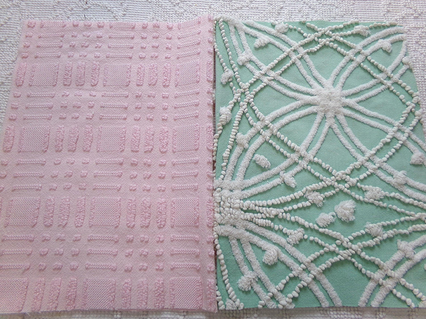 Vintage Chenille Fabric: 2 Pieces Quilt Material 12" x 18" each in Jade Green Tufts & Ballet Pink Dash Dots