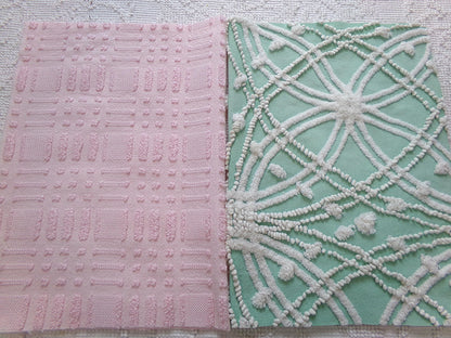Vintage Chenille Fabric: 2 Pieces Quilt Material 12" x 18" each in Jade Green Tufts & Ballet Pink Dash Dots