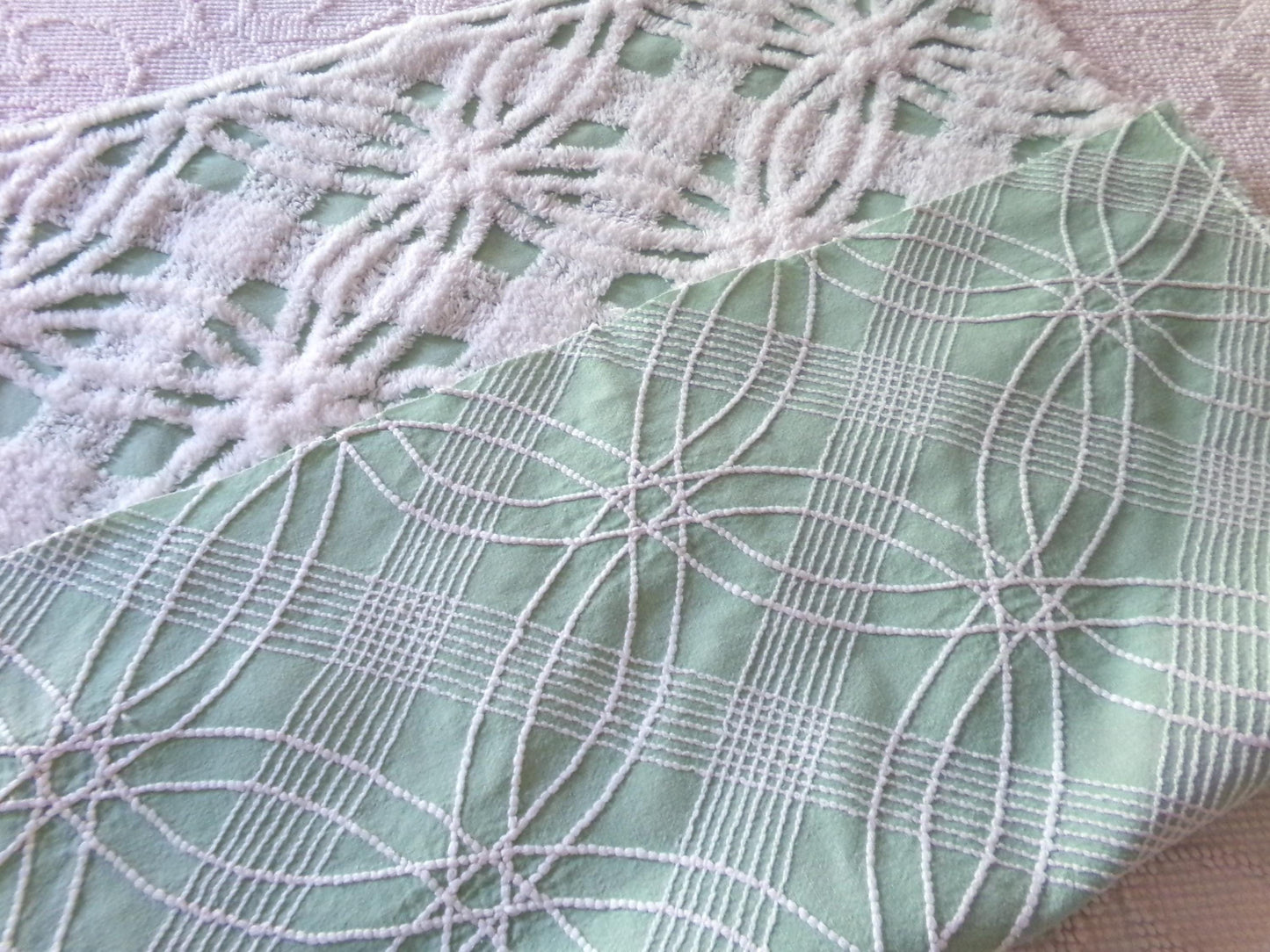 mint green vintage chenille fabric, plush white spider tufting, 19" x 26" piece of quilt material for arts & crafts