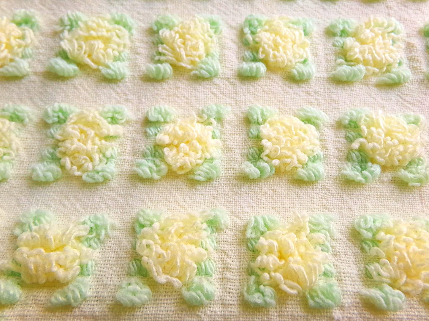 plump yellow rosebud vintage chenille fabric, cottage chic sewing & quilt material, 18" x 25"