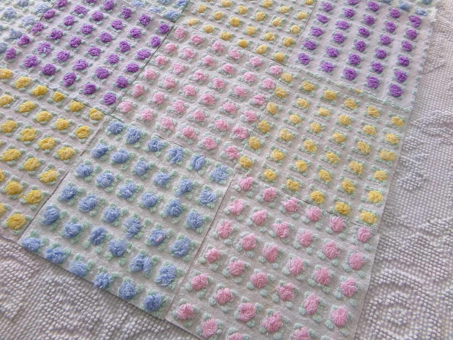 Premium Rosebuds Medley of chenille fabric squares, quilt square set cut from Vintage Chenille Bedspread Fabrics, 16 Blocks, 6" x 6" inch