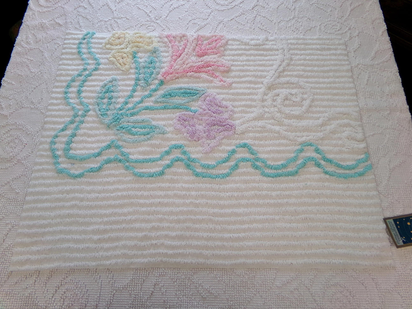 Pastel Floral Vintage Chenille Bedspread Fabric, Cottage Chic Design 18" x 24" piece sewing material