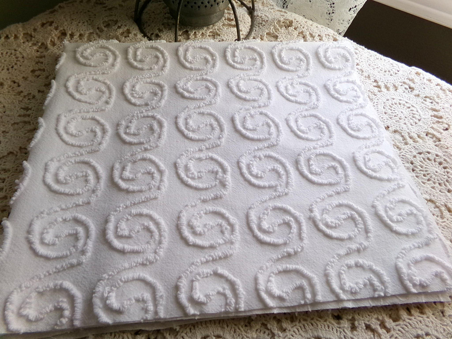spiral curl squiggles vintage chenille fabric, ultra lightweight white cotton sewing material with great texture, 20" x 24" inch piece