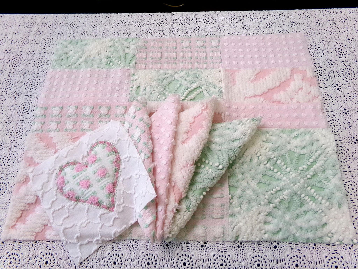 Vintage Chenille Quilt Squares, Pink Green, White 6" Fabric Blocks, Set of 17 for Quilting & Crafts
