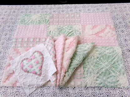 Vintage Chenille Quilt Squares, Pink Green, White 6" Fabric Blocks, Set of 17 for Quilting & Crafts