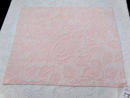 Pink Rose Vintage Hobnail Chenille Fabric Piece Cabbage Rose Reversible Shadow Design 18x24"