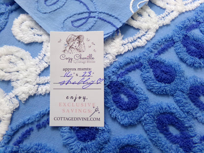 Vintage Chenille Bedspread Fabric, Boho Coastal Blue & White 16" x 23" Piece Sewing Material