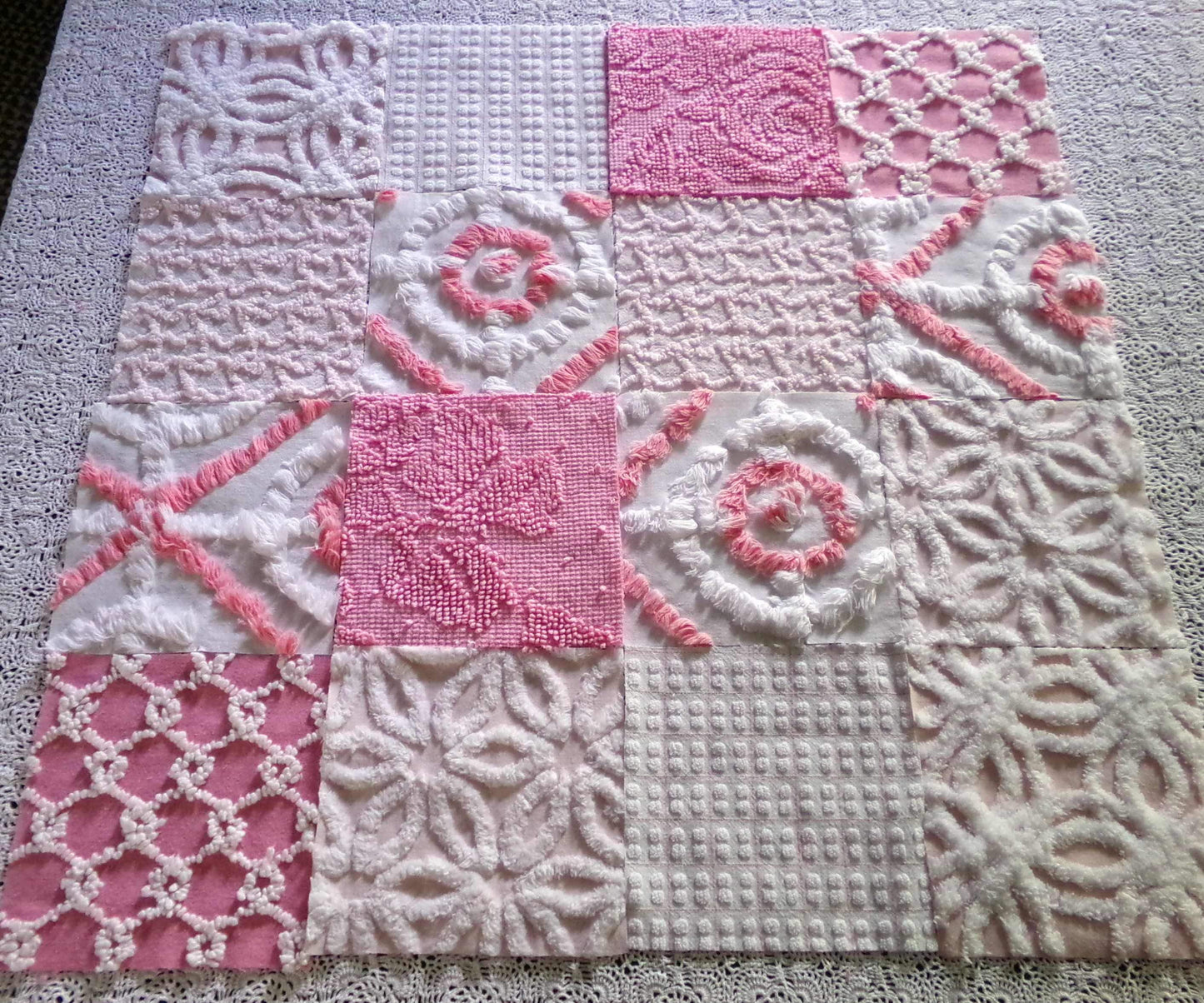 cottage pink & white chenille fabric squares, 16 pretty vintage 6" quilt blocks in girly colors, daisies, dots, squiggle textures