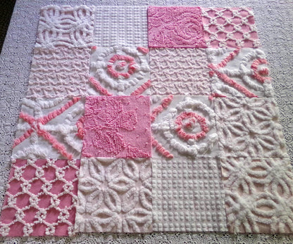 cottage pink & white chenille fabric squares, 16 pretty vintage 6" quilt blocks in girly colors, daisies, dots, squiggle textures