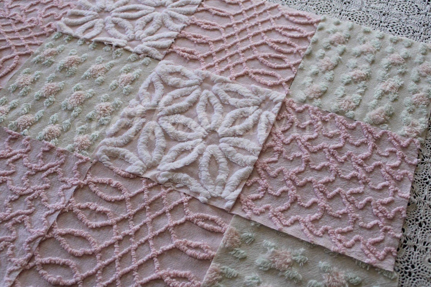 Pink Quilt Squares, Daisy Rosebud Craft Square Set from Vintage Bedspread Fabric, 16 Blocks, 6" x 6" inch