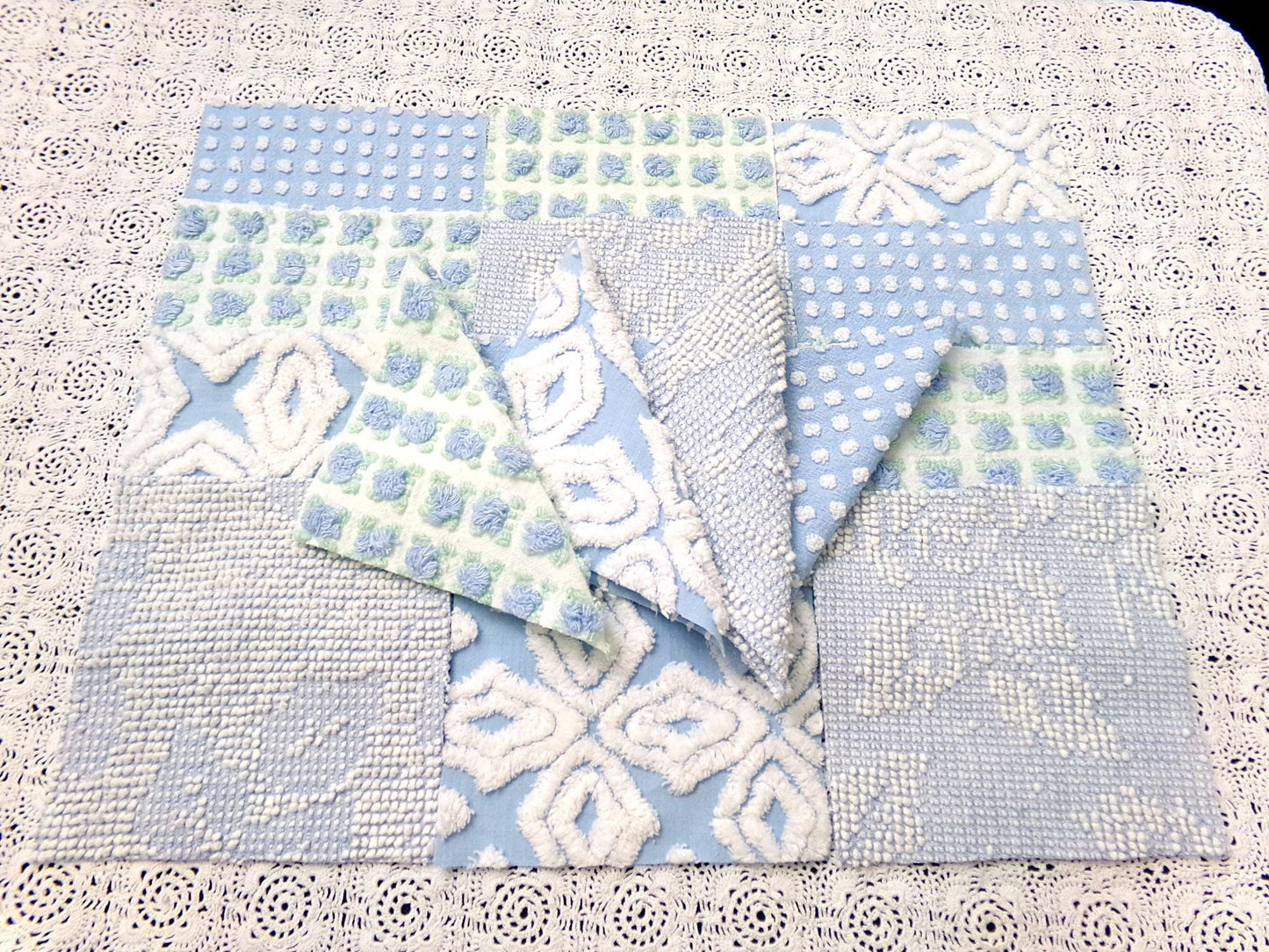 sea breeze vintage chenille fabric squares, set of 16 blue white quilt blocks 6" ea