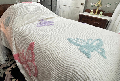 Butterfly Chenille Bedspread, Y2K Vintage Style Whimsy Butterflies, Full Queen Size