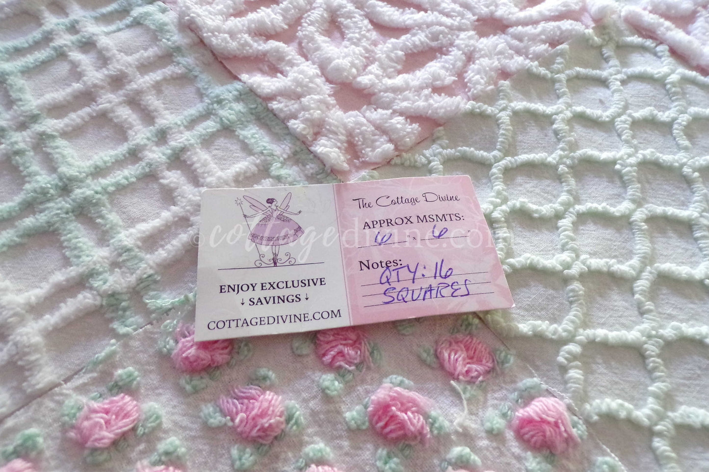 Picnic Pink & Green Chenille Fabric Squares Set of 16 Quilt Blocks, 6" x 6" inches each, Pretty Green, White, Pink Rosebud