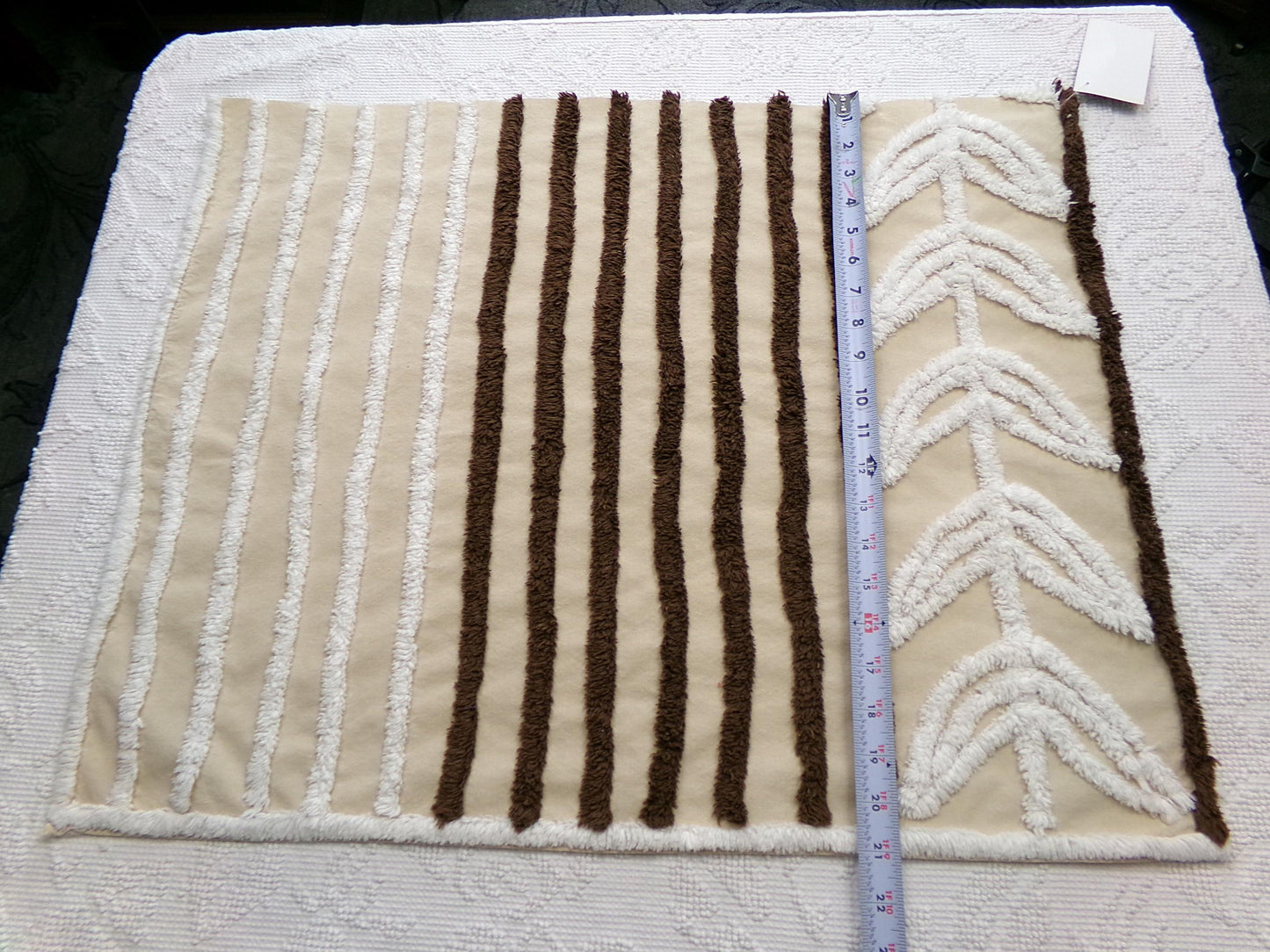 mocha leaf stripe vintage chenille fabric: contrast brown & white striped design, 20" x 24" sewing material for quilting, crafts