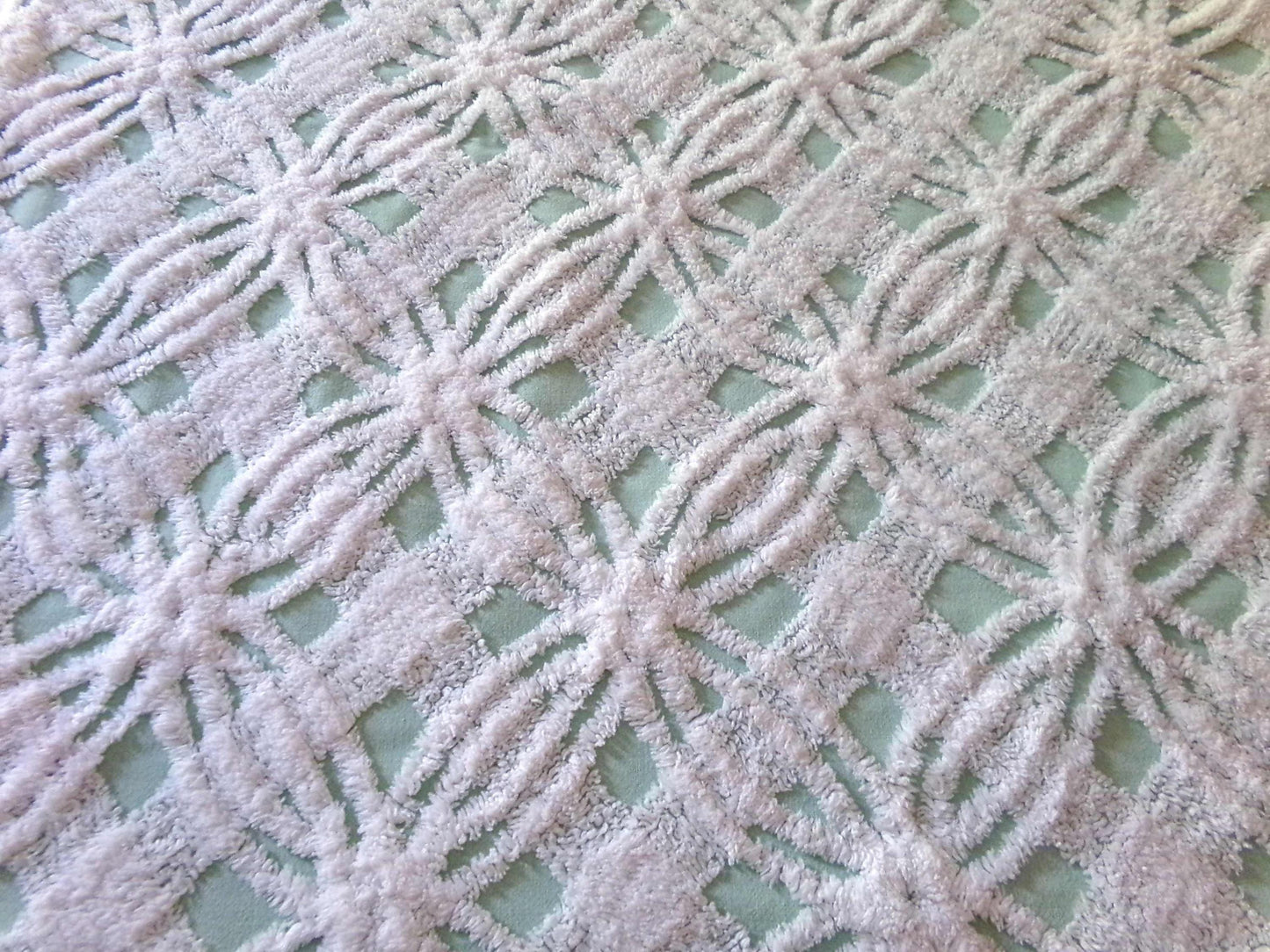 mint green vintage chenille fabric, plush white spider tufting, 19" x 26" piece of quilt material for arts & crafts