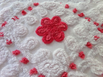 Roses in Snow Vintage Chenille Fabric, Red & White Plush Swirl 18" x 21" Inch Piece