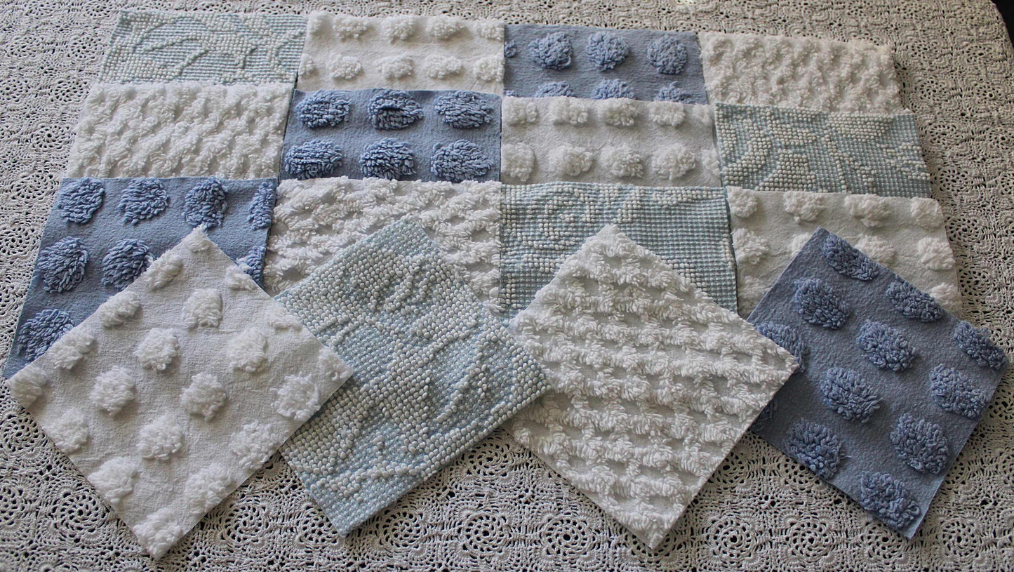 vintage chenille fabric squares, set of 16 coastal blue & white 6" quilt blocks for patchwork pillows, quilting, crafts
