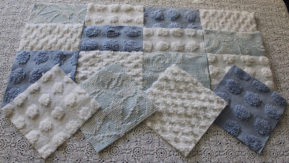 vintage chenille fabric squares, set of 16 coastal blue & white 6" quilt blocks for patchwork pillows, quilting, crafts