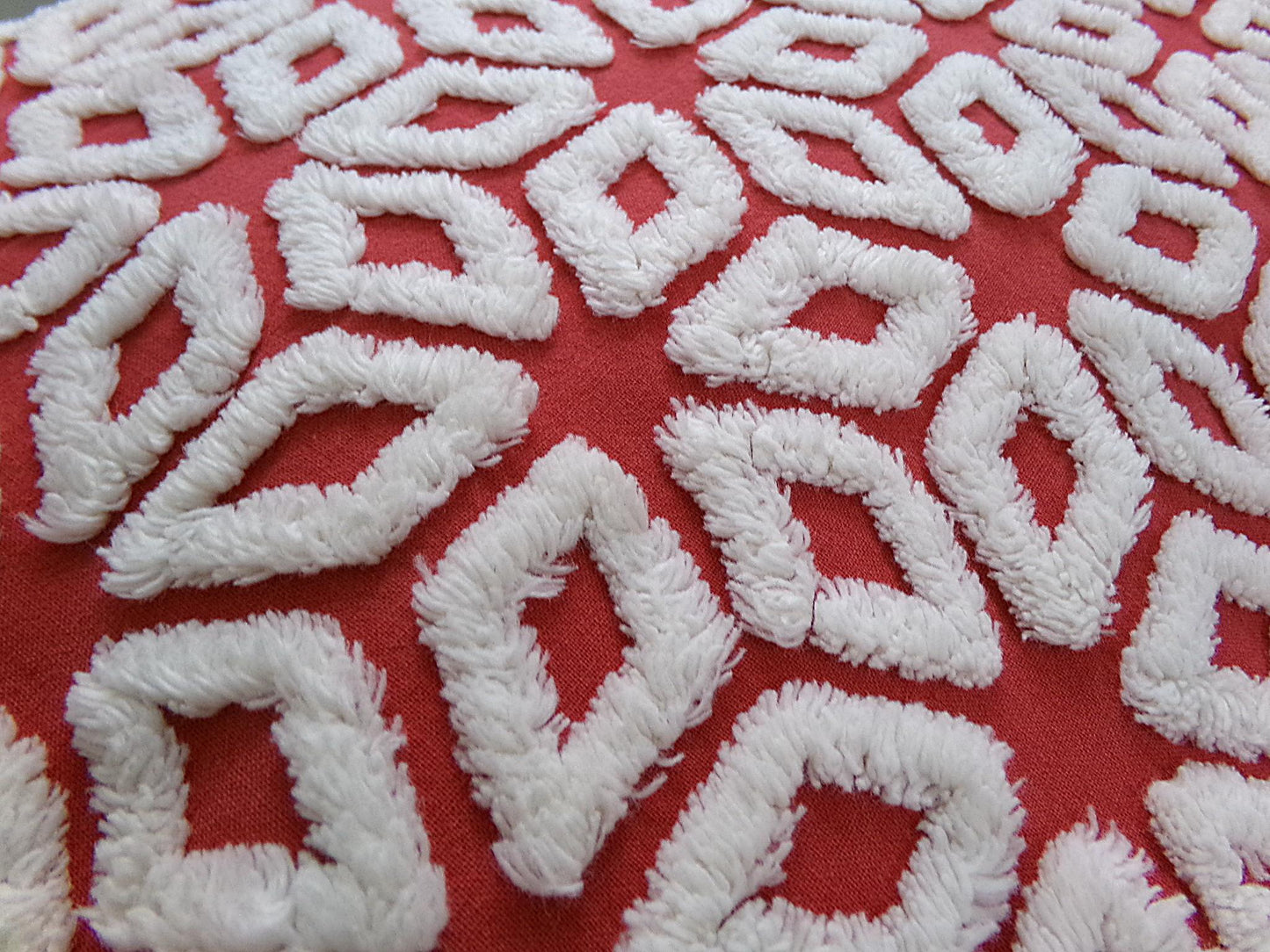 White Snowflakes Red Vintage Chenille Fabric 12x18" Piece Quilt Material