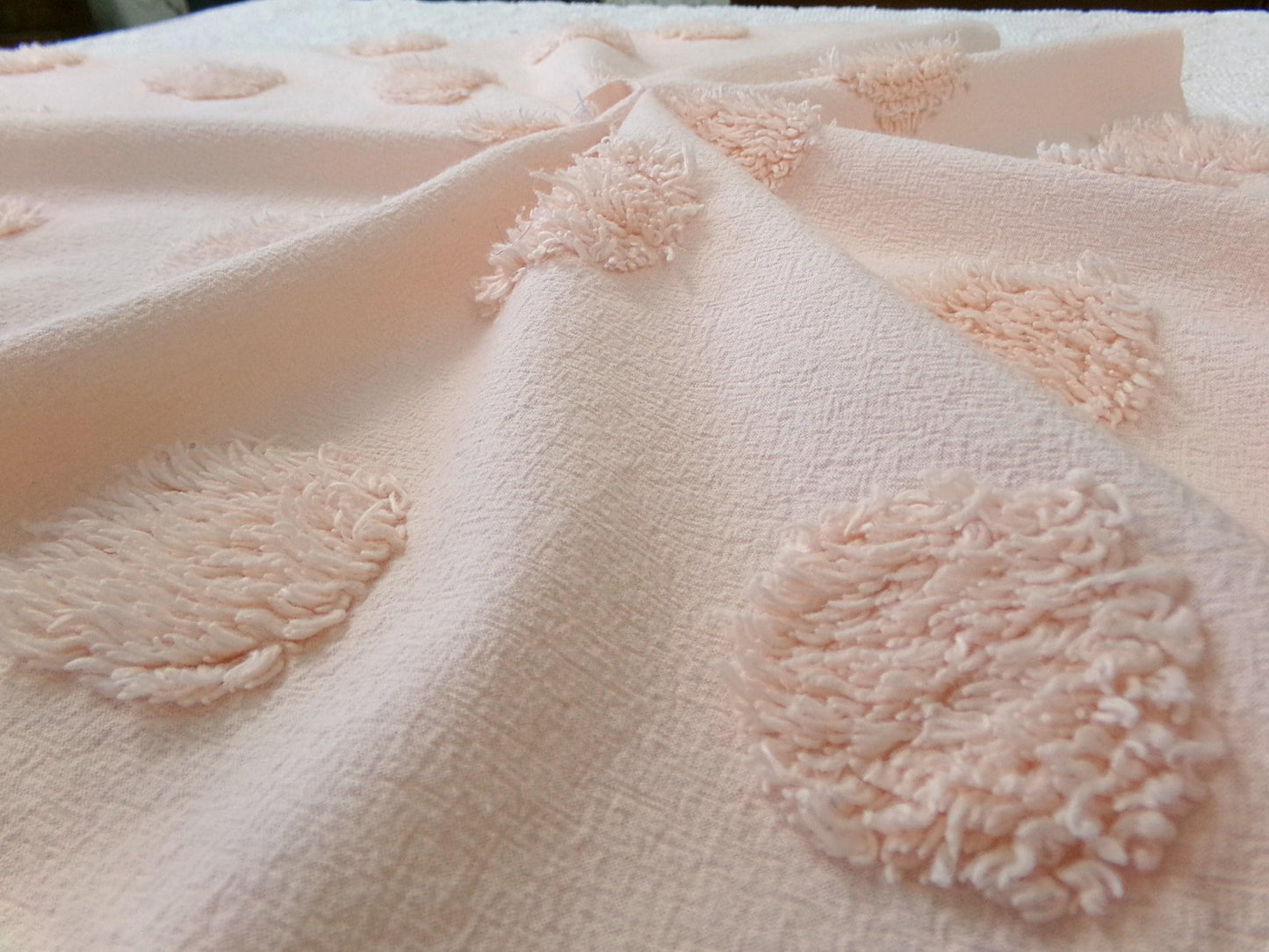 blush pink vintage style chenille fabric, large dot quilt sewing material, 18" x 24" piece