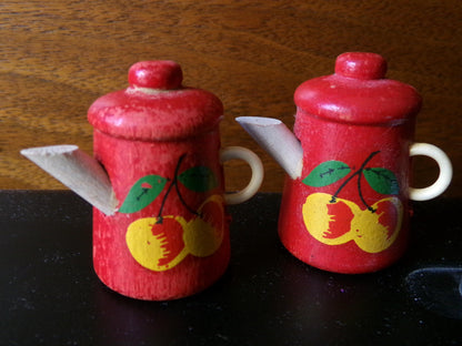 vintage curtain pinbacks pushpins, MCM 1940s wood coffee pot with cherries