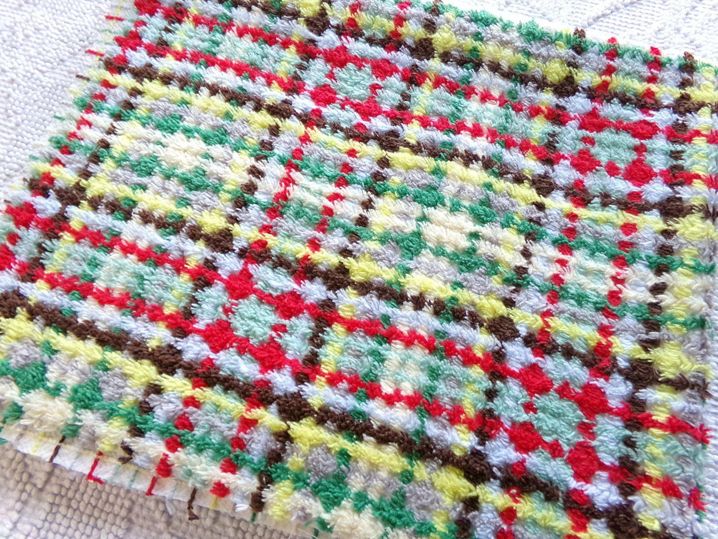 brightly colored vintage chenille fabric in retro rustic plaid design, 20" x 24" inch piece of quilt material for sewing & crafts