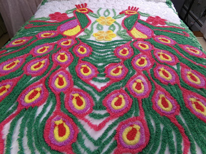 Peacock Vintage Chenille Bedspread, Full Sz Pink & Green Lovebirds, Rainbow Hearts