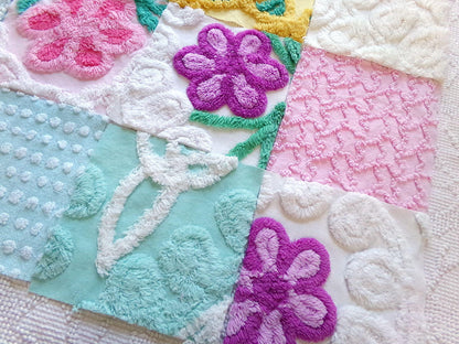 funky flowers 6" chenille squares, colorful mixed set of 16 quilt blocks rotary cut from vintage chenille bedspread fabrics