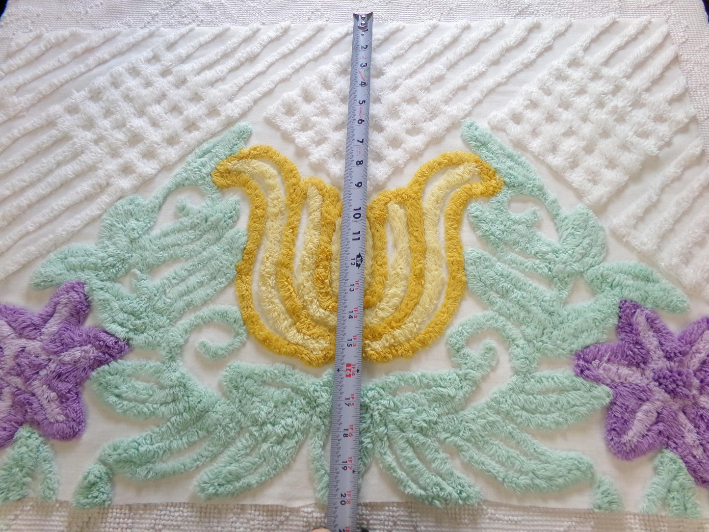 giant tulip vintage chenille fabric w/ purple star flowers on white cotton, 19" x 29" piece of sewing material