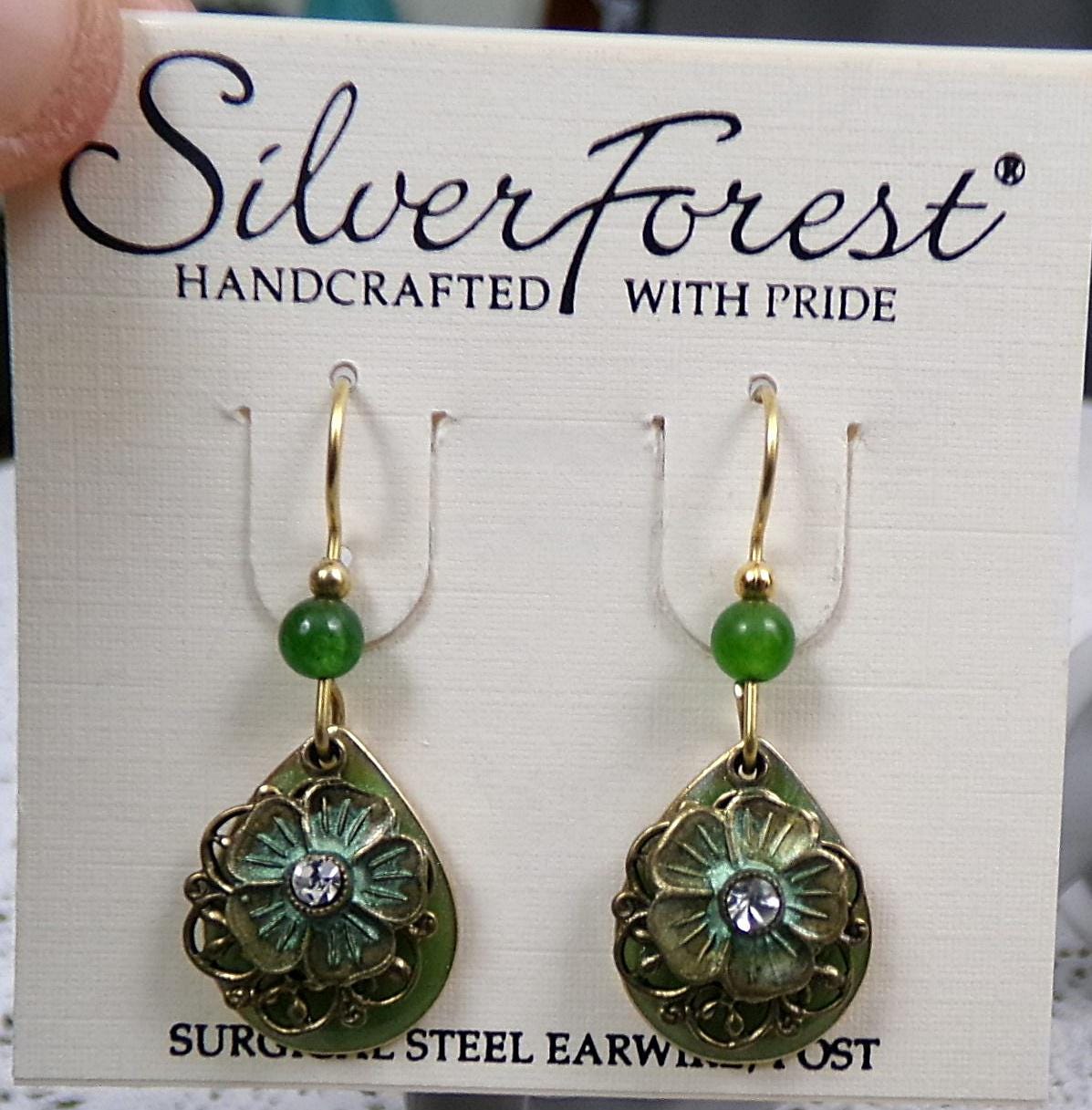 Silver Forest Dangle Earrings Vintage Style Layered Green Jade Bead Flower Teardrop