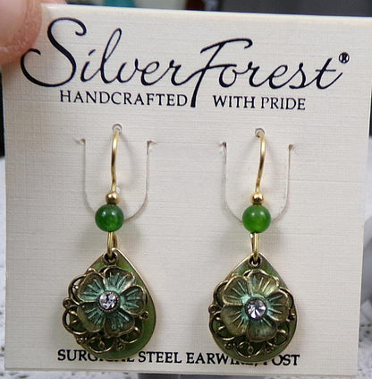 Silver Forest Dangle Earrings Vintage Style Layered Green Jade Bead Flower Teardrop