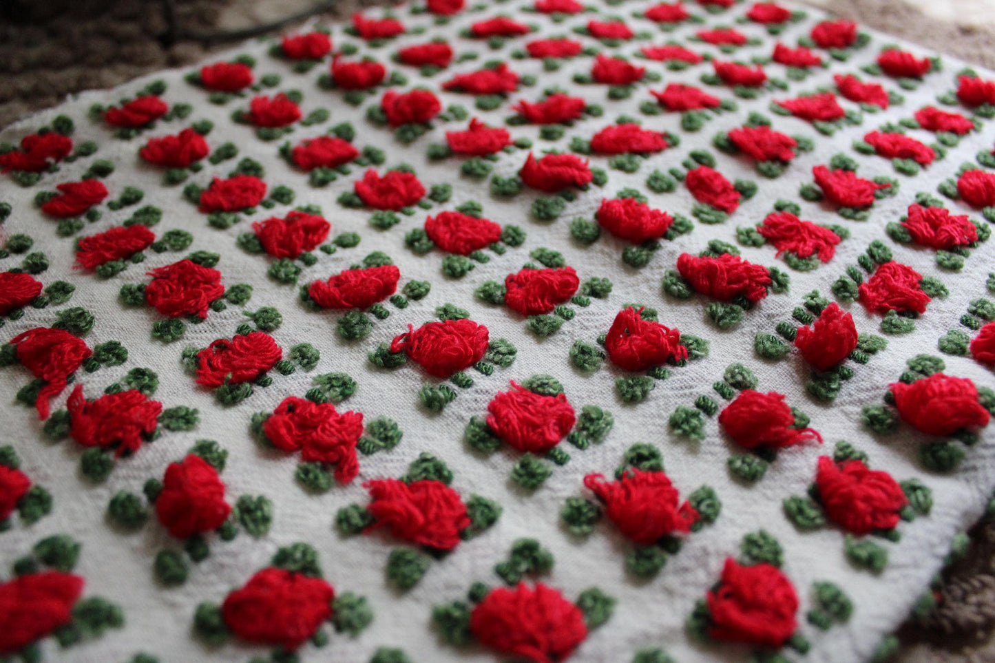 Red Rosebud Vintage Chenille Fabric, Morgan Jones Roses, 18" x 24" inch Piece