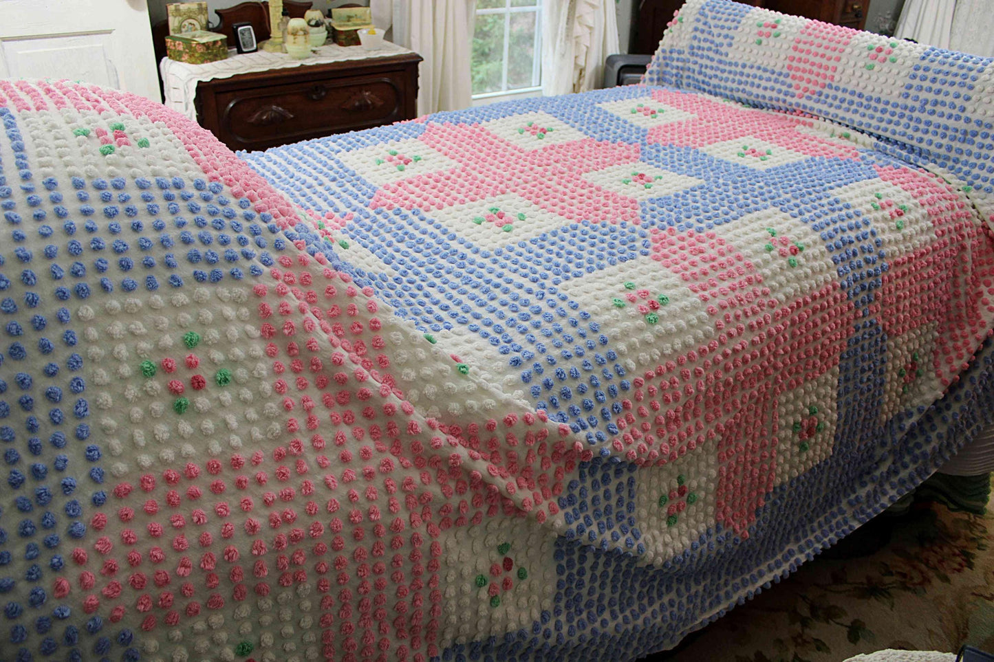 Rare Vintage Chenille Bedspread, Tufted Pink & Blue Popcorns with Rose Pop Flowers, Anne Orr for Cabin Crafts, Full Size Cottage Bedding