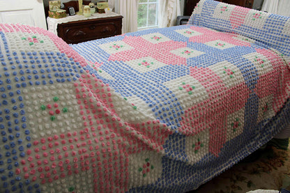Rare Vintage Chenille Bedspread, Tufted Pink & Blue Popcorns with Rose Pop Flowers, Anne Orr for Cabin Crafts, Full Size Cottage Bedding