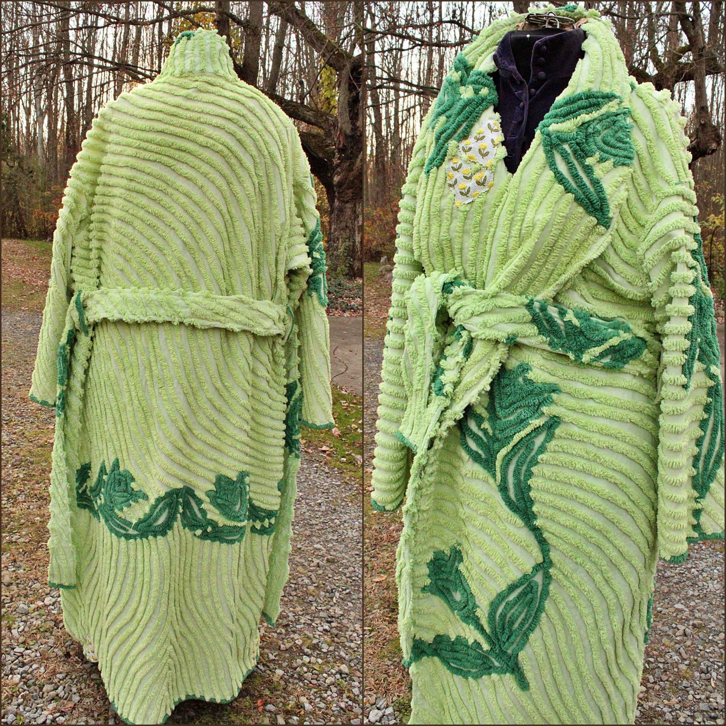 plant lady beautiful chenille robe, shabby upcycled women's bathrobe from tulip floral vintage chenille bedspread fabrics, in size L/XL