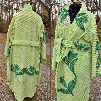 plant lady beautiful chenille robe, shabby upcycled women's bathrobe from tulip floral vintage chenille bedspread fabrics, in size L/XL