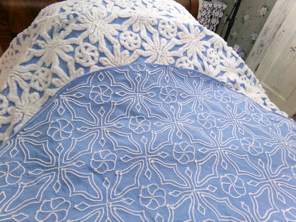 blue vintage chenille bedspread: icicle crystal white tufting, coastal cottage style full size cotton bedding