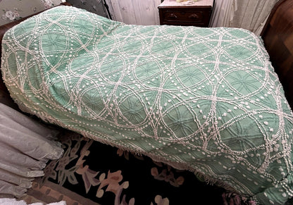 Vintage Chenille Bedspread Shabby Twin Jade Green White Spiderweb Starburst