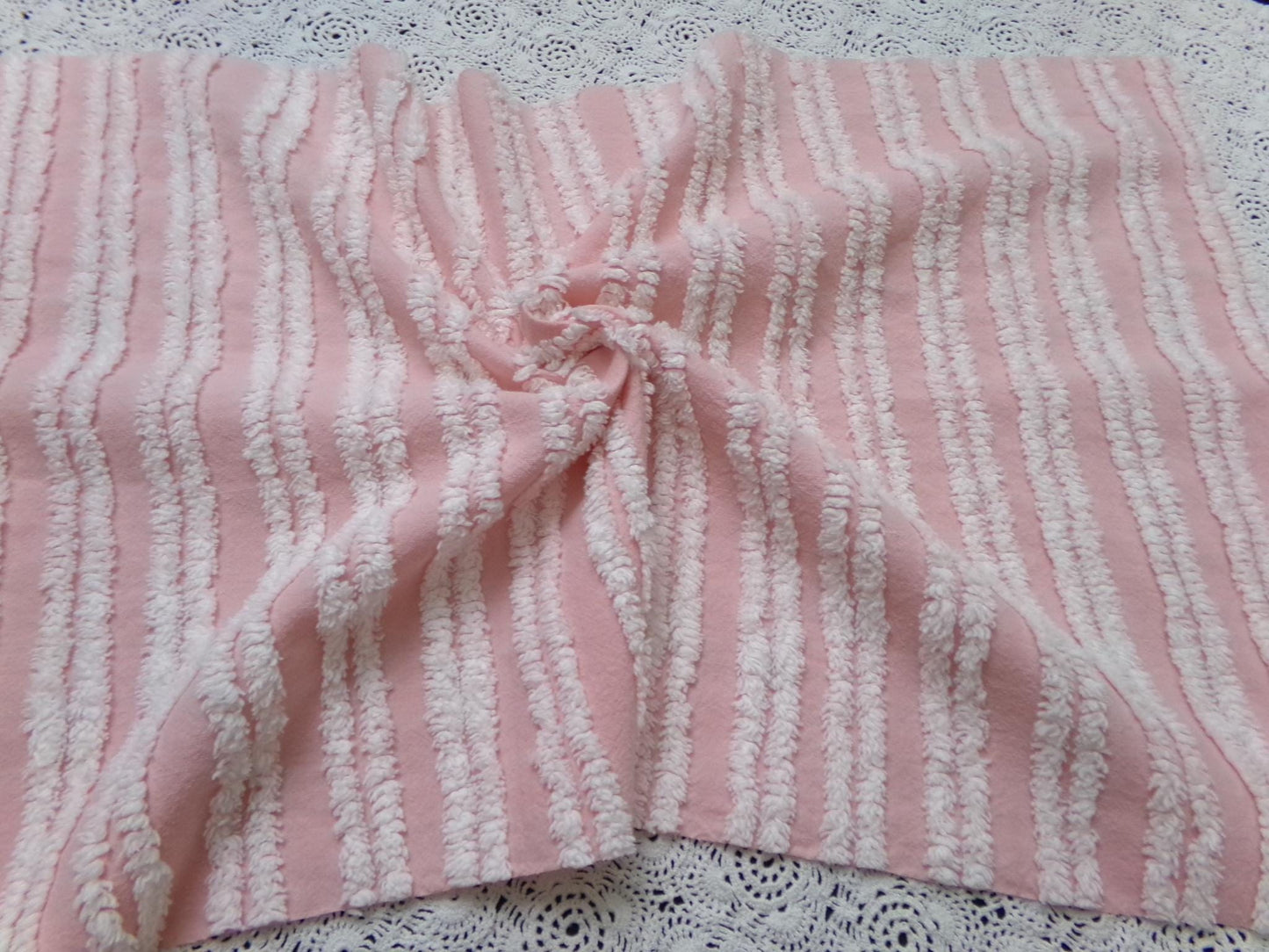 Pink White Double Stripe Vintage Chenille Bedspread Fabric Cottage Chic 14x24" Piece