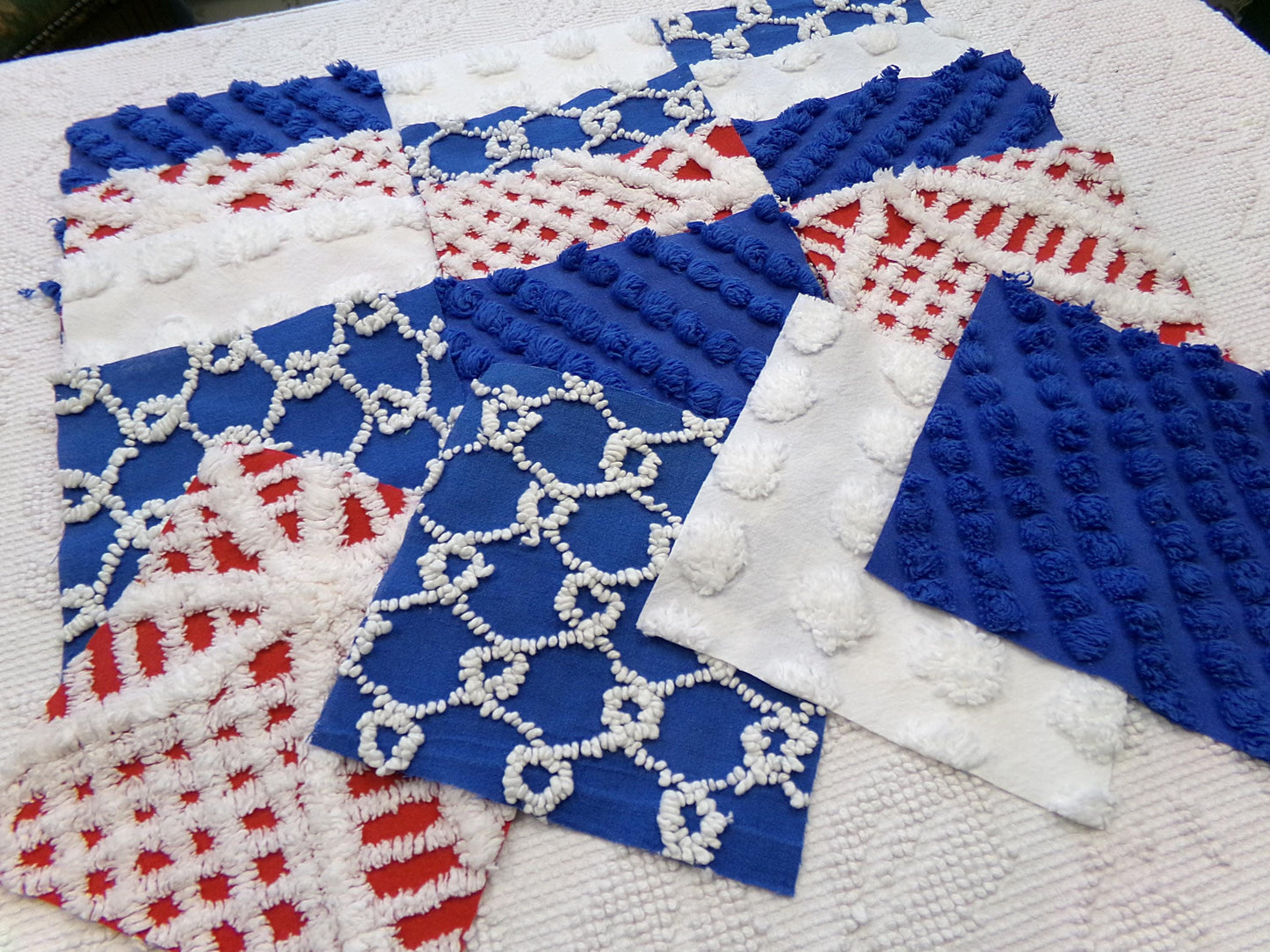 America Vintage Chenille Fabric Squares, 16 Red, White & Blue 6" Quilt Blocks