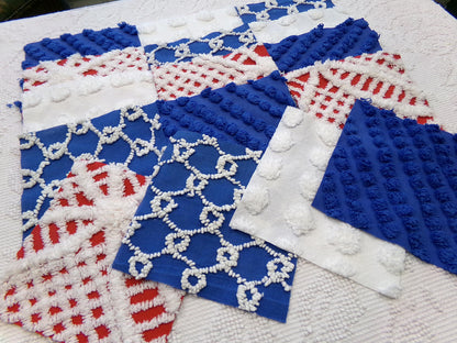 America Vintage Chenille Fabric Squares, 16 Red, White & Blue 6" Quilt Blocks