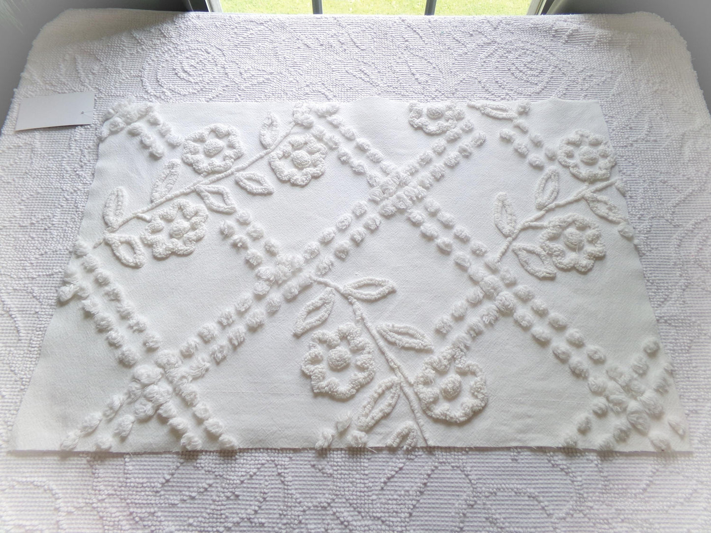 Elegant White Floral Chenille Fabric: Vintage Cottage Style 23" x 15" Cut Piece