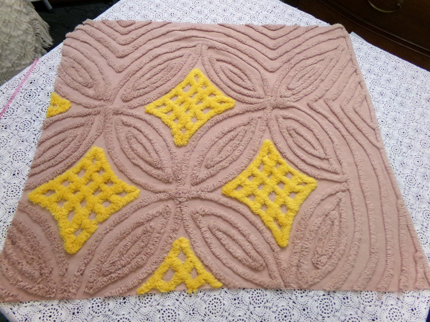 earthy energetic vintage chenille bedspread fabric, 25" x 22" geometric design
