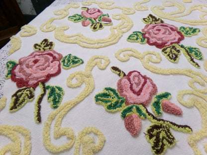 Cottage Pink Rose Vintage Chenille Fabric Shabby Scrollwork Sewing Quilt Material 27" x 24"