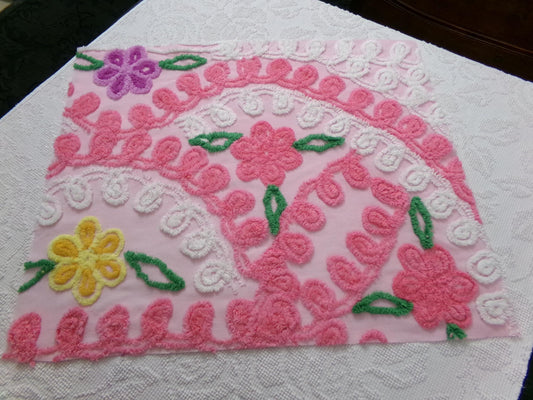 Pink Floral Vintage Chenille Bedspread Fabric, shabby cottage sewing craft quilt material, 20" x 24" piece