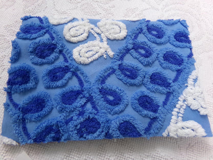 Vintage Chenille Bedspread Fabric, Boho Coastal Blue & White 16" x 23" Piece Sewing Material