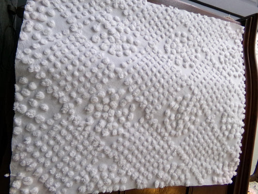 White Vintage Chenille Fabric, circle square popcorn dots, sewing craft quilt material, 19" x 24" piece