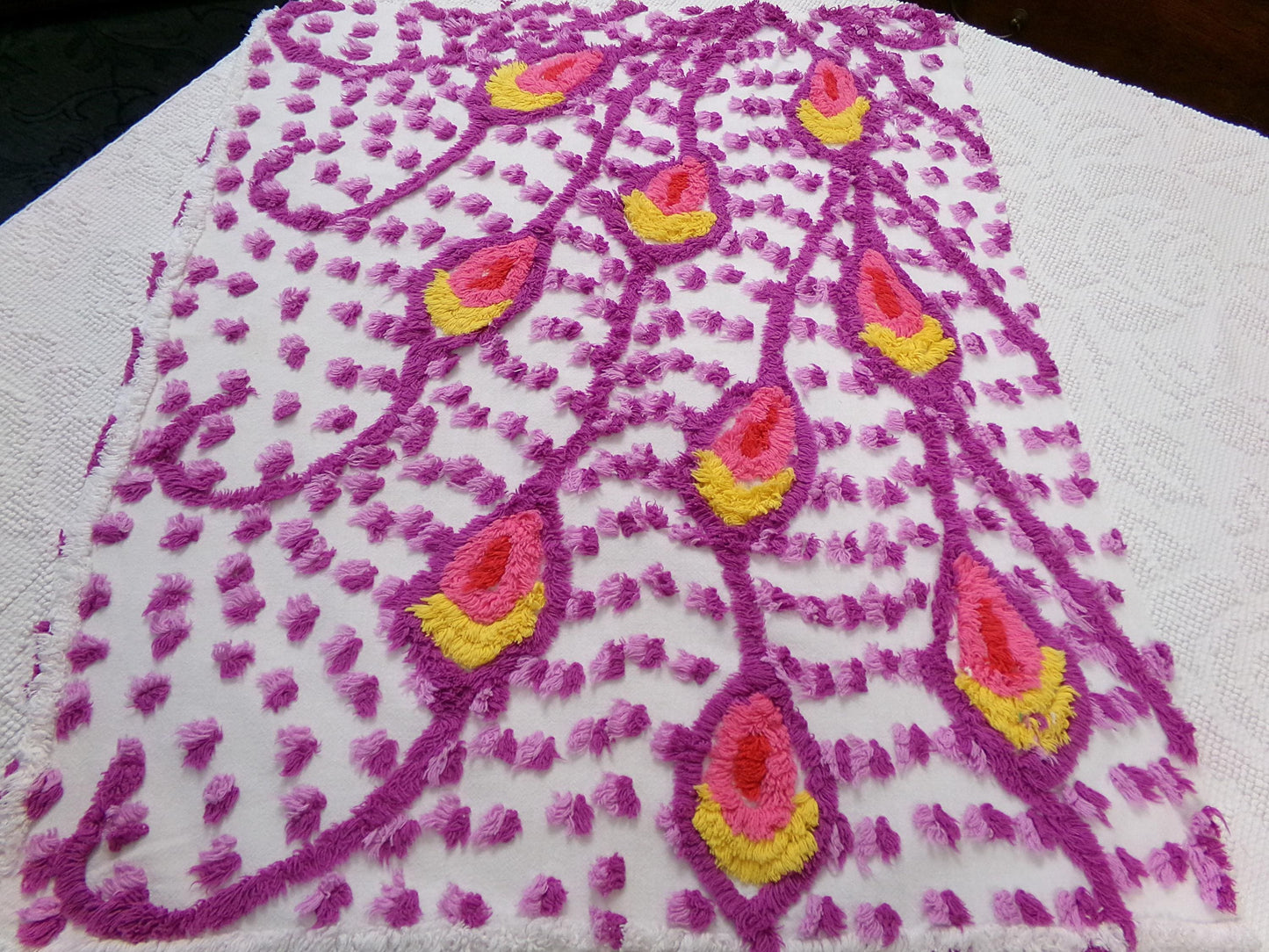 dazzling peacock feathers vintage chenille bedspread fabric 20" x 23"